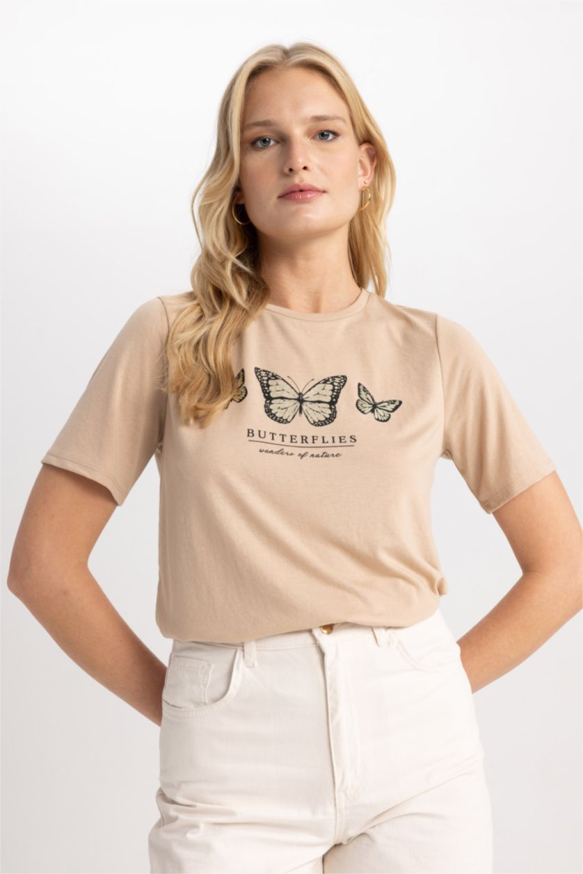 WOMAN Light Vison Traditional Regular Fit Crew Neck Butterfly Pattern Short Sleeve T-Shirt