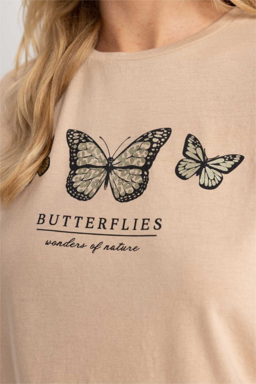 WOMAN Light Vison Traditional Regular Fit Crew Neck Butterfly Pattern Short Sleeve T-Shirt