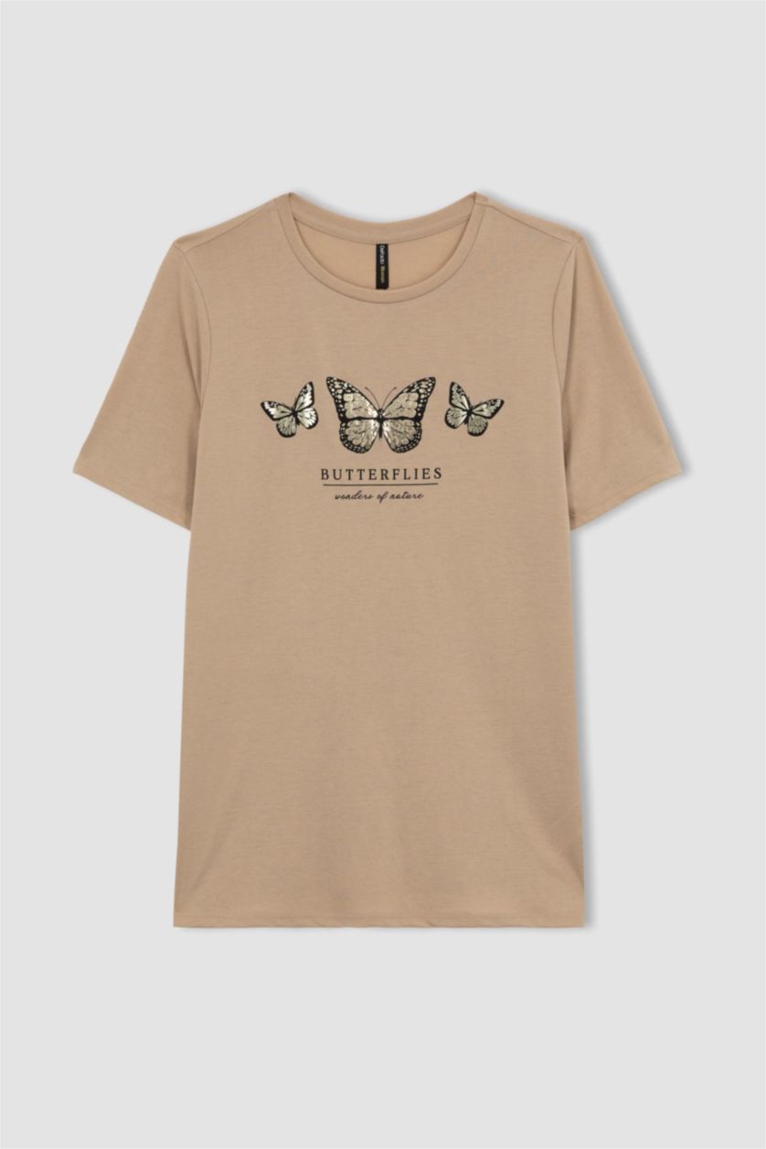 WOMAN Light Vison Traditional Regular Fit Crew Neck Butterfly Pattern Short Sleeve T-Shirt