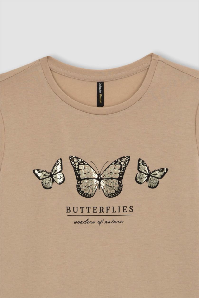 WOMAN Light Vison Traditional Regular Fit Crew Neck Butterfly Pattern Short Sleeve T-Shirt