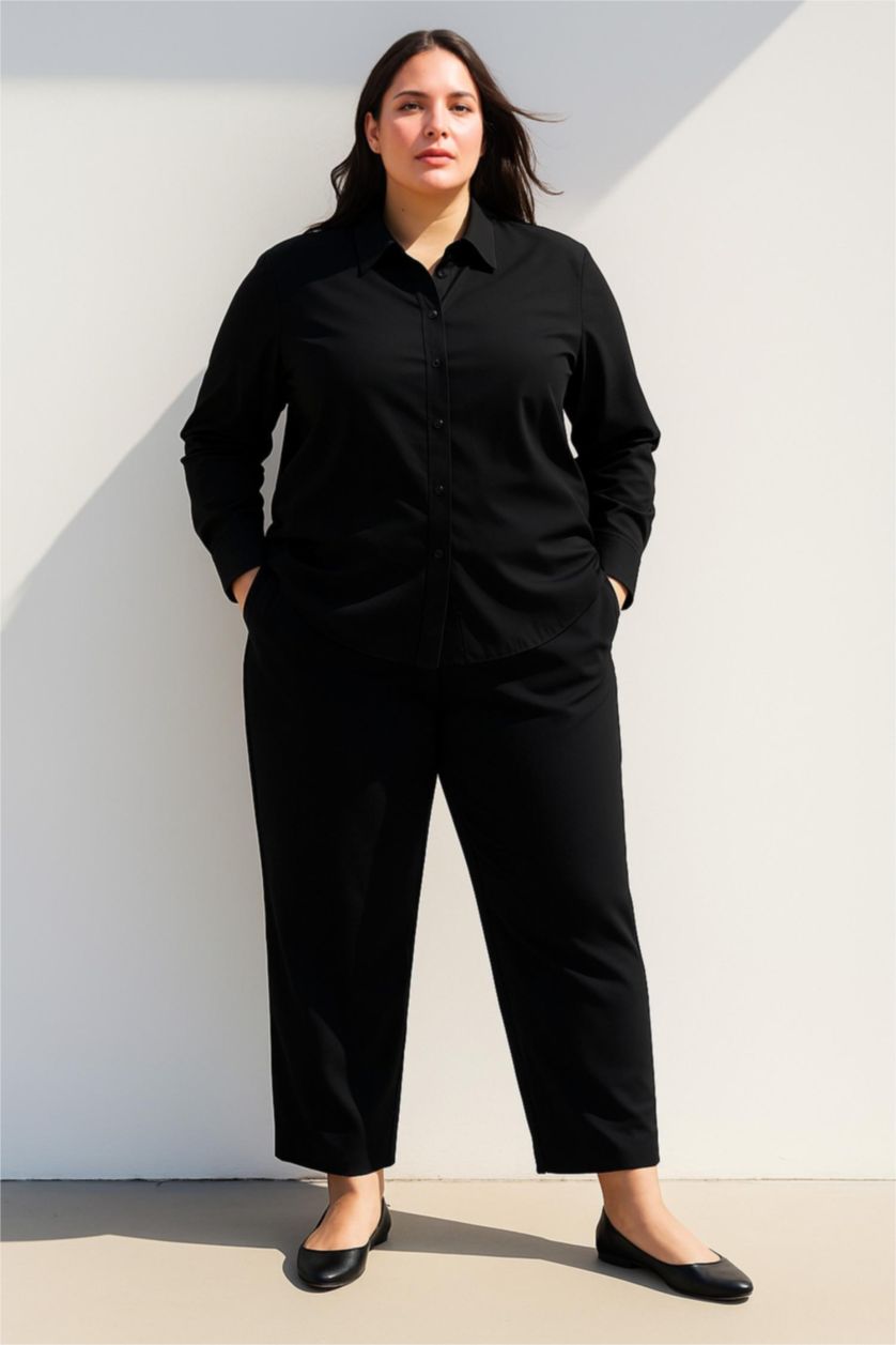 حريمي أسود قميص اسود بيزك كم طويل قصة عادية