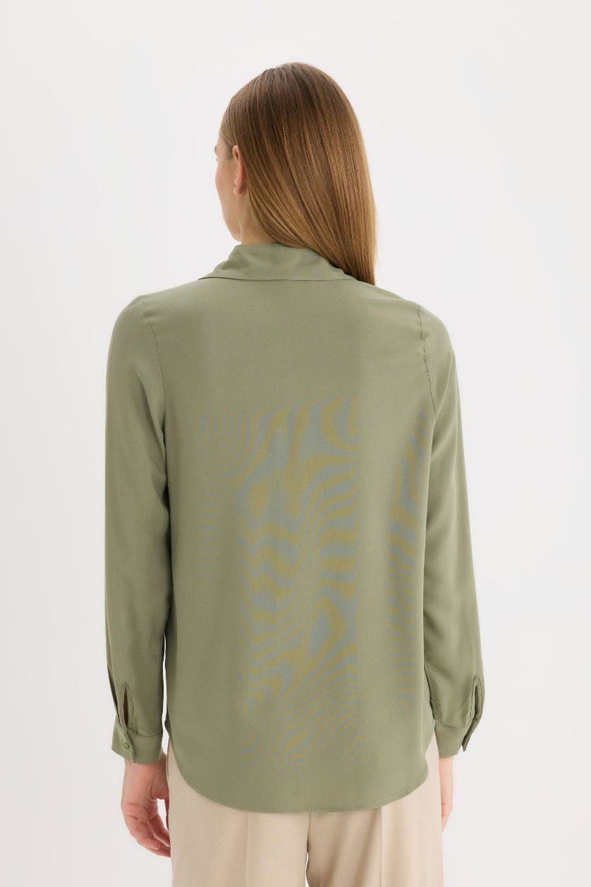 Kadın Haki Regular Fit Basic Düz Uzun Kollu Gömlek