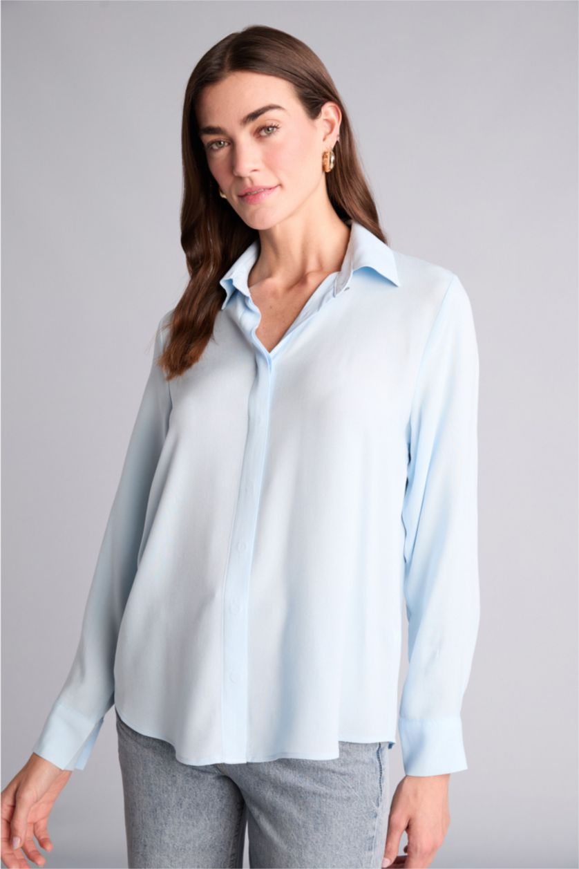 Kadın Açık Mavi Regular Fıt Uzun Kollu Gömlek
