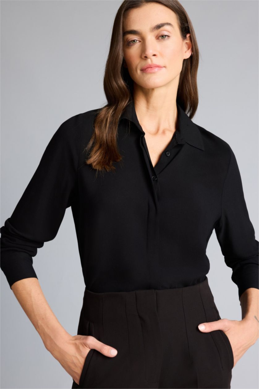 Kadın Siyah Regular Fit Basic Düz Uzun Kollu Gömlek