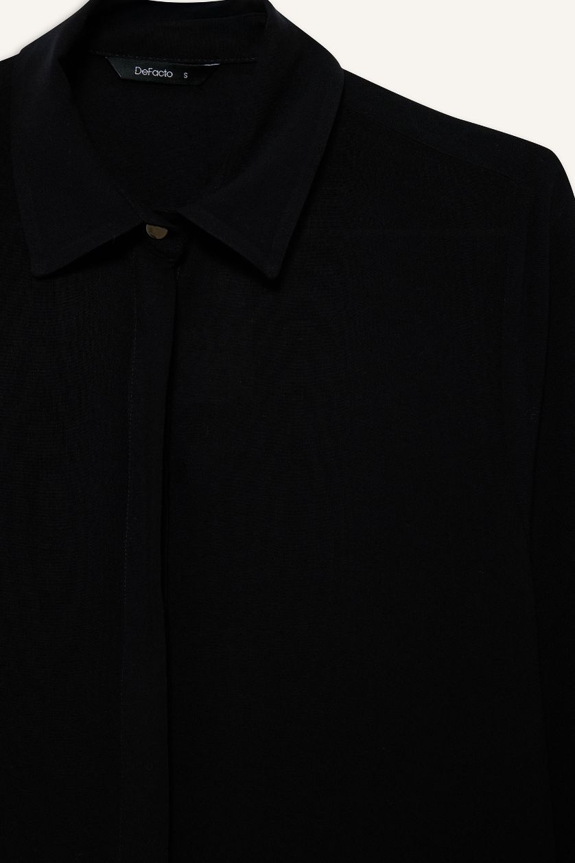 Kadın Siyah Regular Fit Basic Düz Uzun Kollu Gömlek