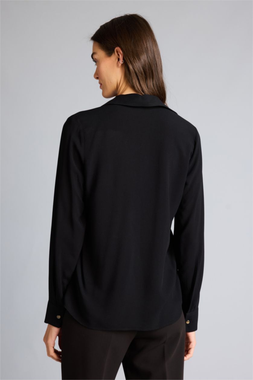 Kadın Siyah Regular Fit Basic Düz Uzun Kollu Gömlek