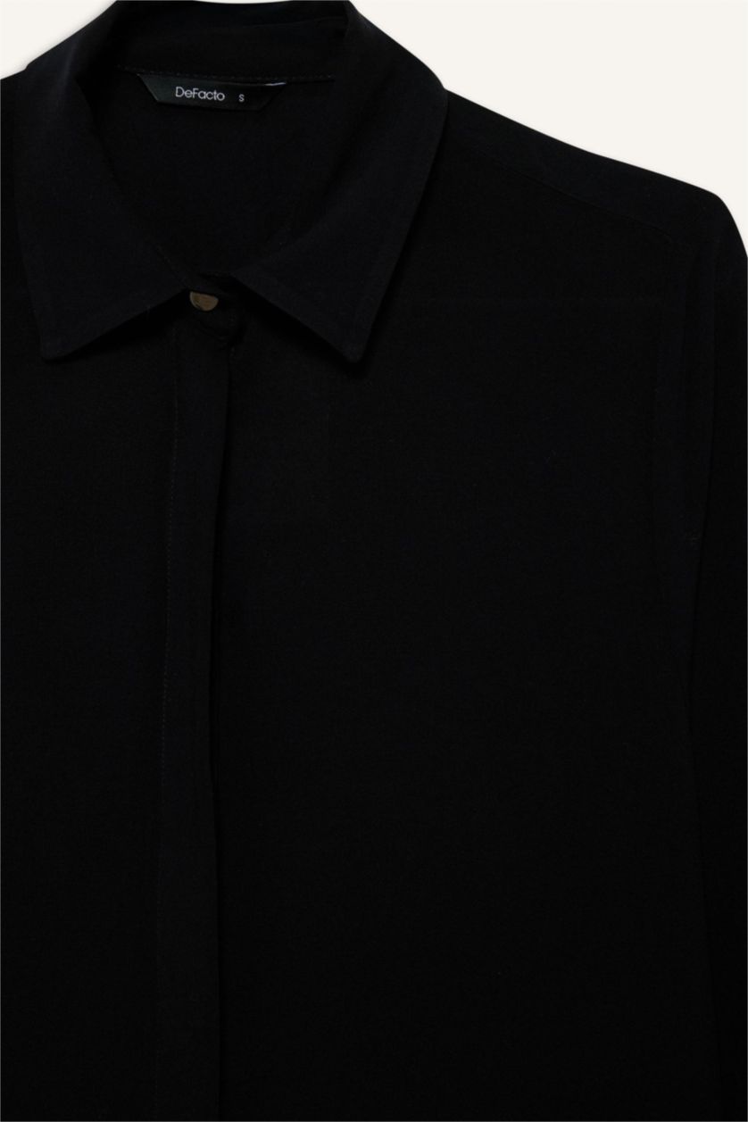 Kadın Siyah Regular Fit Basic Düz Uzun Kollu Gömlek