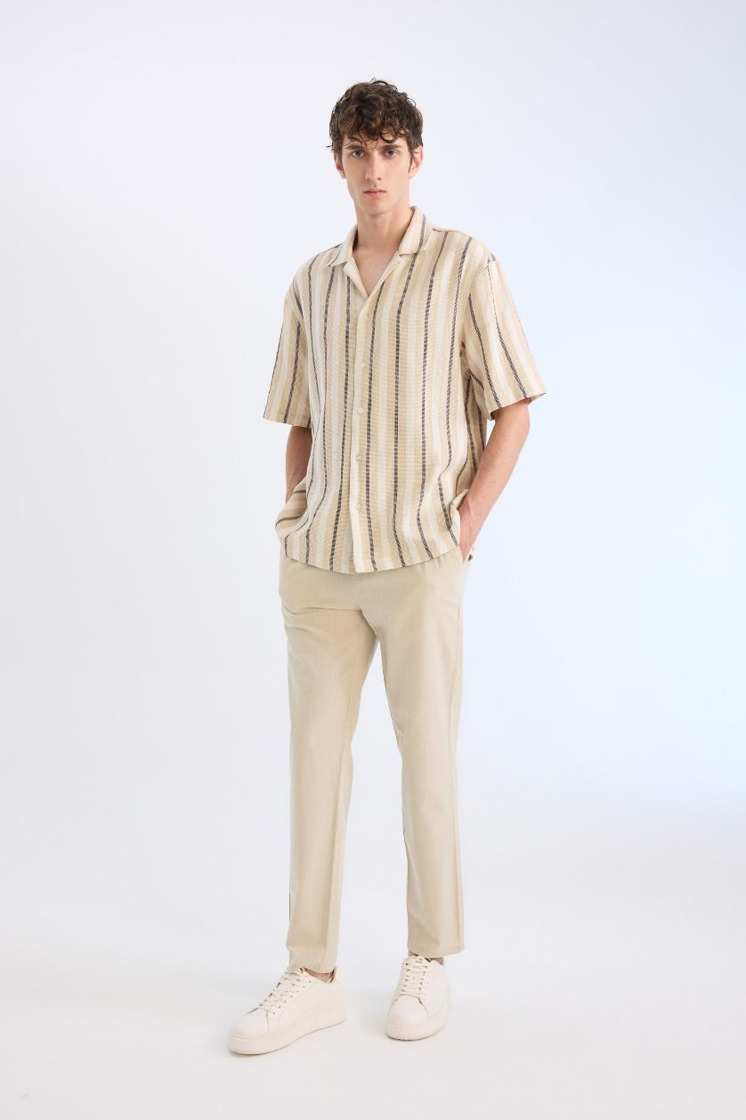 Erkek Kum %100 Pamuk Keten Görünümlü Yazlık Jogger Pantolon Dar Paça Beli Bağcıklı Lastikli Cepli