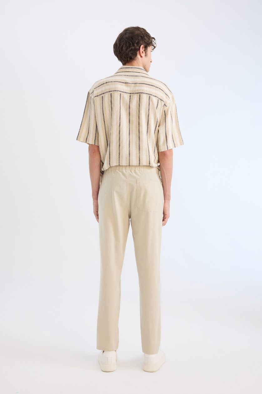 Erkek Kum %100 Pamuk Keten Görünümlü Yazlık Jogger Pantolon Dar Paça Beli Bağcıklı Lastikli Cepli