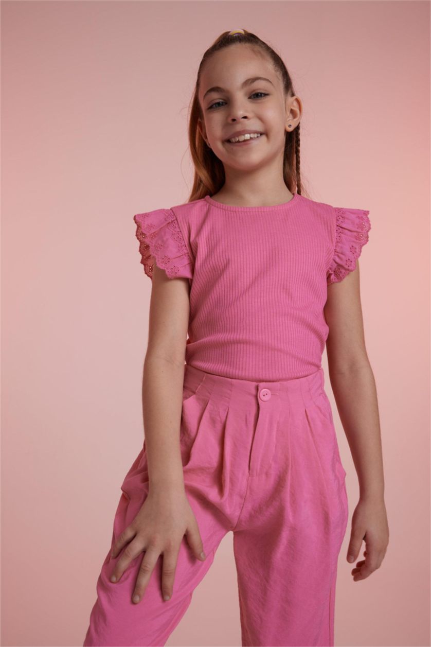 GIRLS & TEENS Pink تيشيرت نص كم مضلع سليم فيت