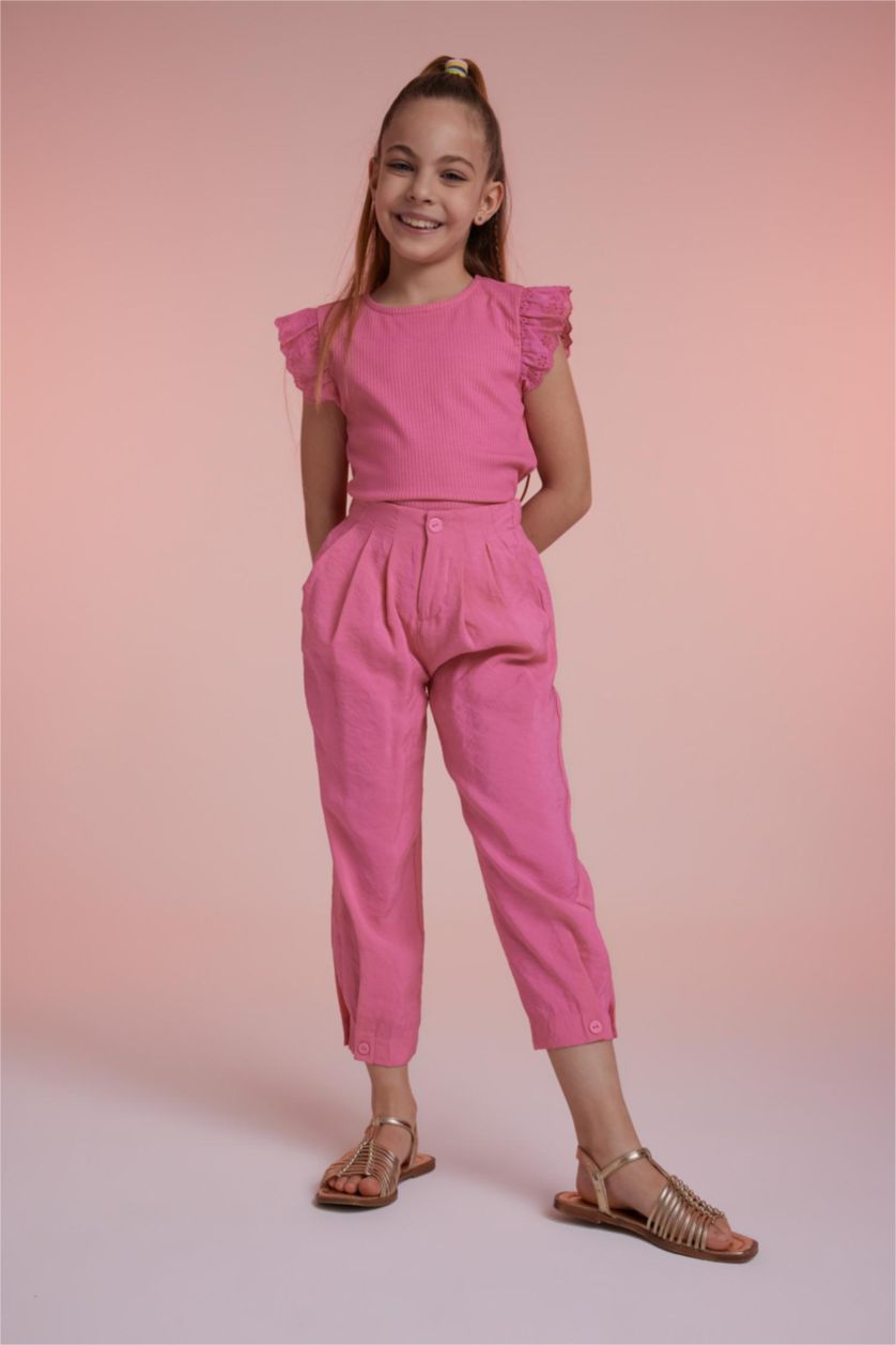 GIRLS & TEENS Pink تيشيرت نص كم مضلع سليم فيت
