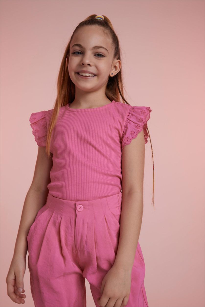 GIRLS & TEENS Pink تيشيرت نص كم مضلع سليم فيت