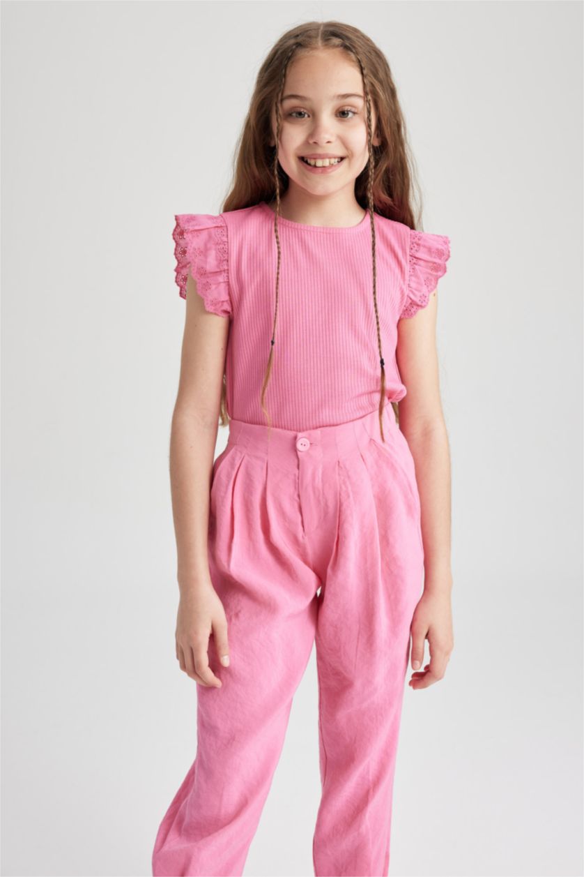 GIRLS & TEENS Pink تيشيرت نص كم مضلع سليم فيت