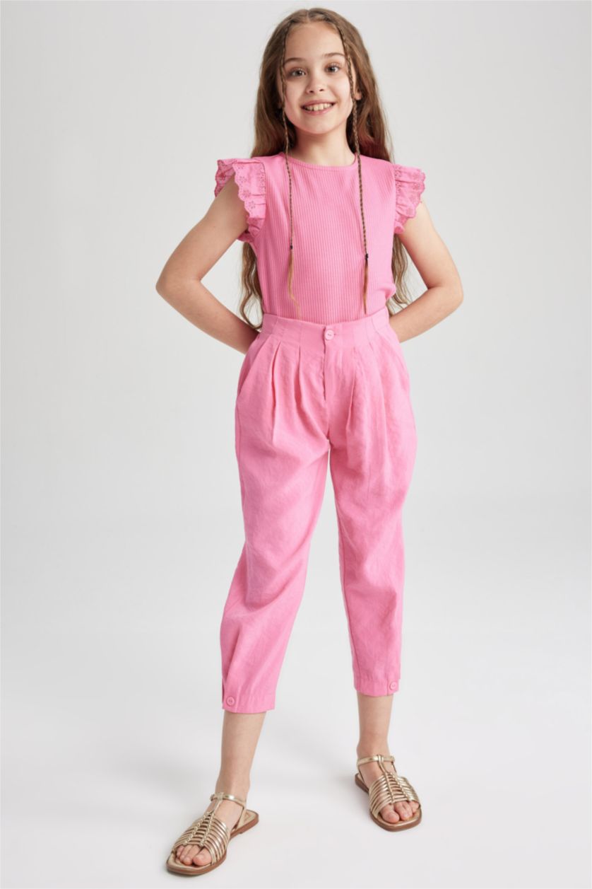 GIRLS & TEENS Pink تيشيرت نص كم مضلع سليم فيت