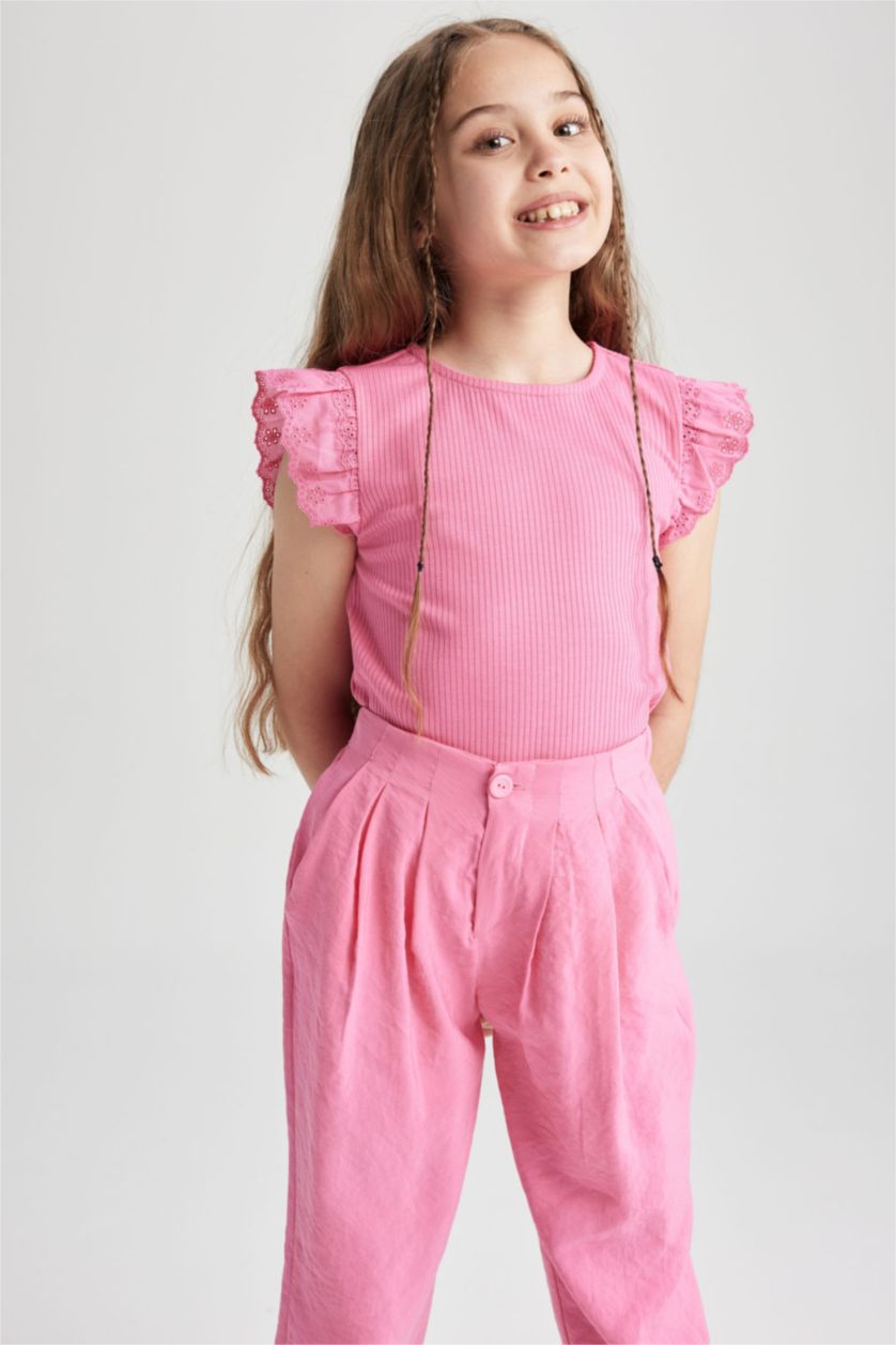 GIRLS & TEENS Pink تيشيرت نص كم مضلع سليم فيت
