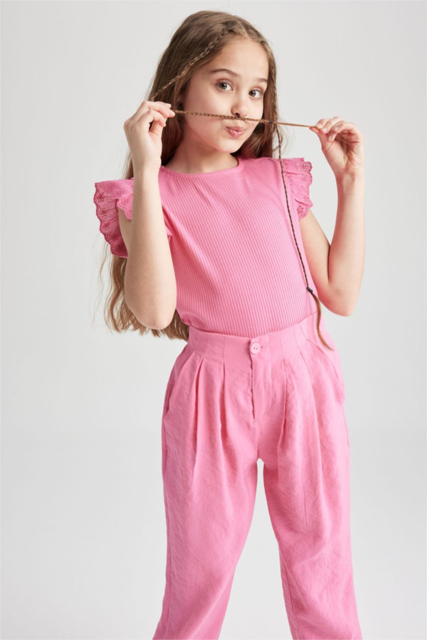 GIRLS & TEENS Pink تيشيرت نص كم مضلع سليم فيت