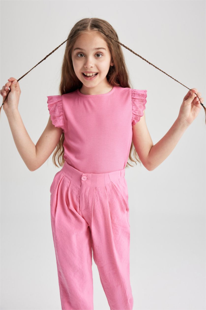 GIRLS & TEENS Pink تيشيرت نص كم مضلع سليم فيت