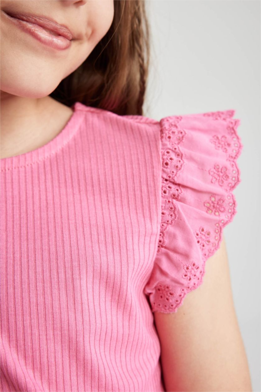GIRLS & TEENS Pink تيشيرت نص كم مضلع سليم فيت