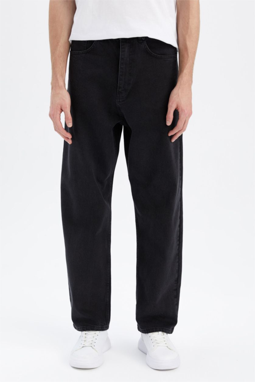 Erkek Siyah Baggy Fit Geniş Kalıp Normal Bel Geniş Paça Jean Pantolon