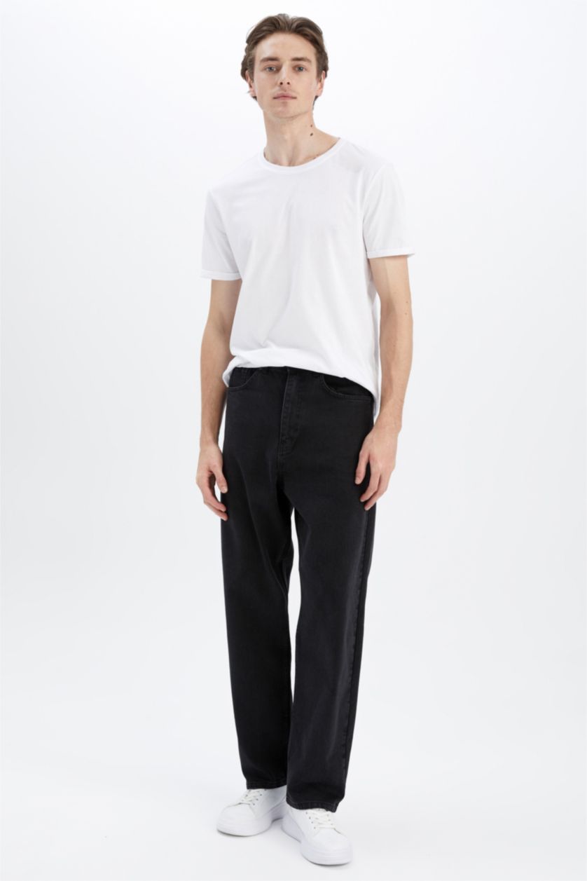 Erkek Siyah Baggy Fit Geniş Kalıp Normal Bel Geniş Paça Jean Pantolon