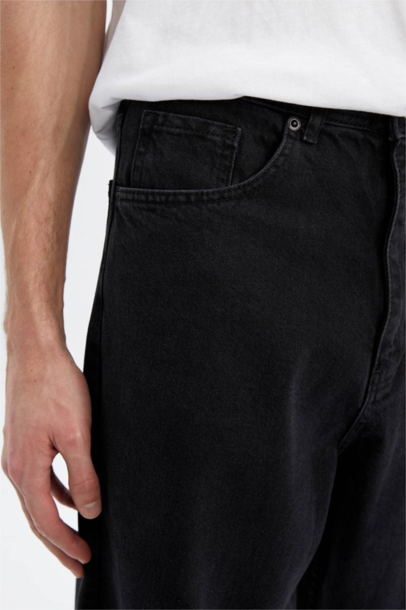 Erkek Siyah Baggy Fit Geniş Kalıp Normal Bel Geniş Paça Jean Pantolon