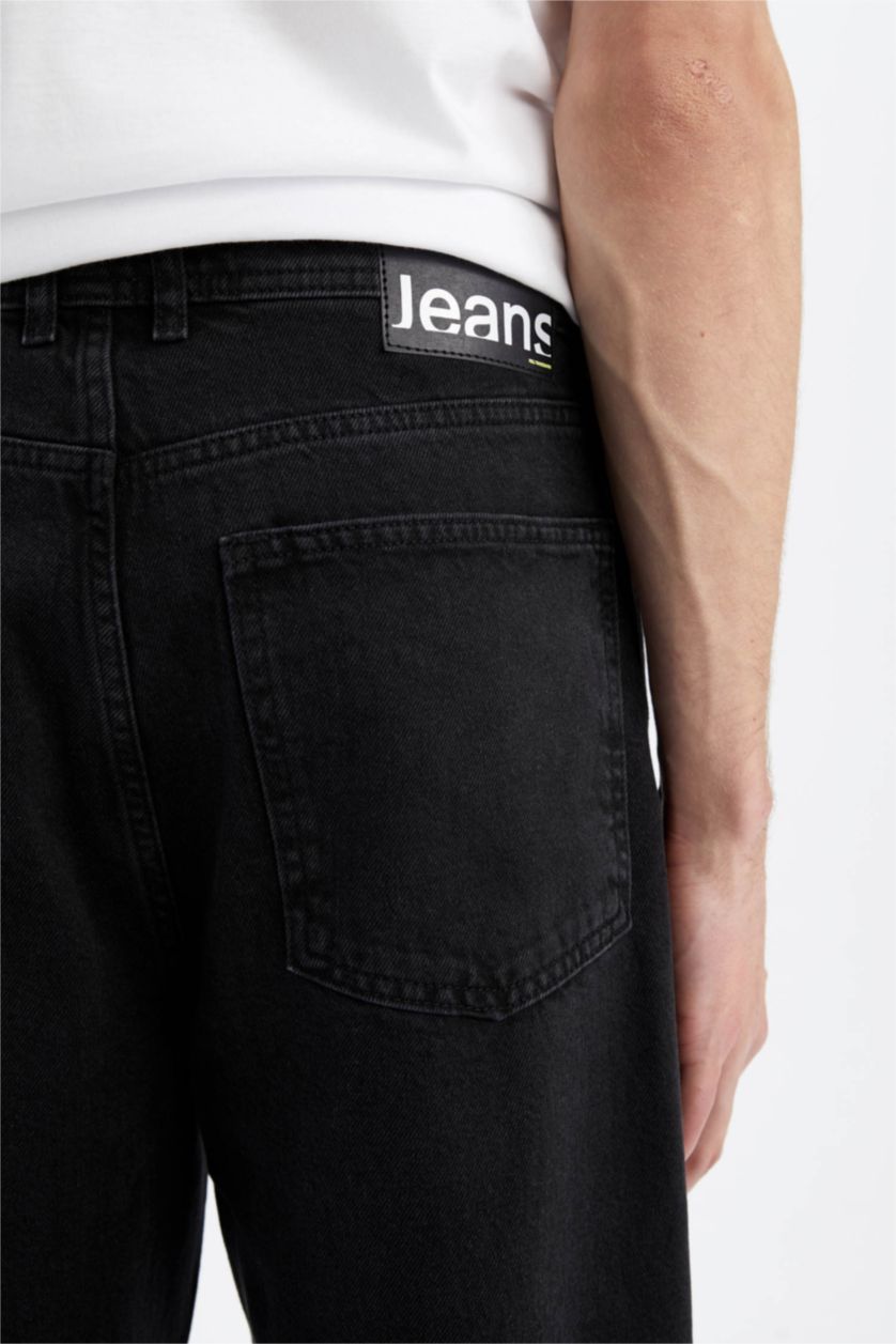 Erkek Siyah Baggy Fit Geniş Kalıp Normal Bel Geniş Paça Jean Pantolon