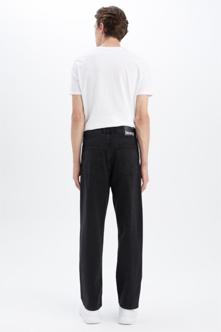 Erkek Siyah Baggy Fit Geniş Kalıp Normal Bel Geniş Paça Jean Pantolon