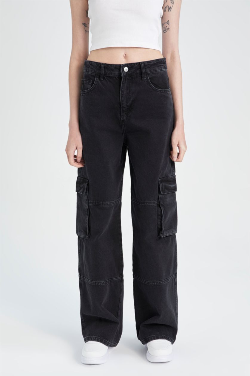 Kadın Siyah Yüksek Bel Straight Fit Kargo Pantolon