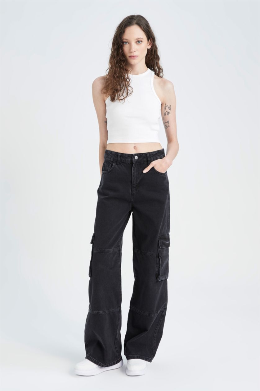 Kadın Siyah Yüksek Bel Straight Fit Kargo Pantolon