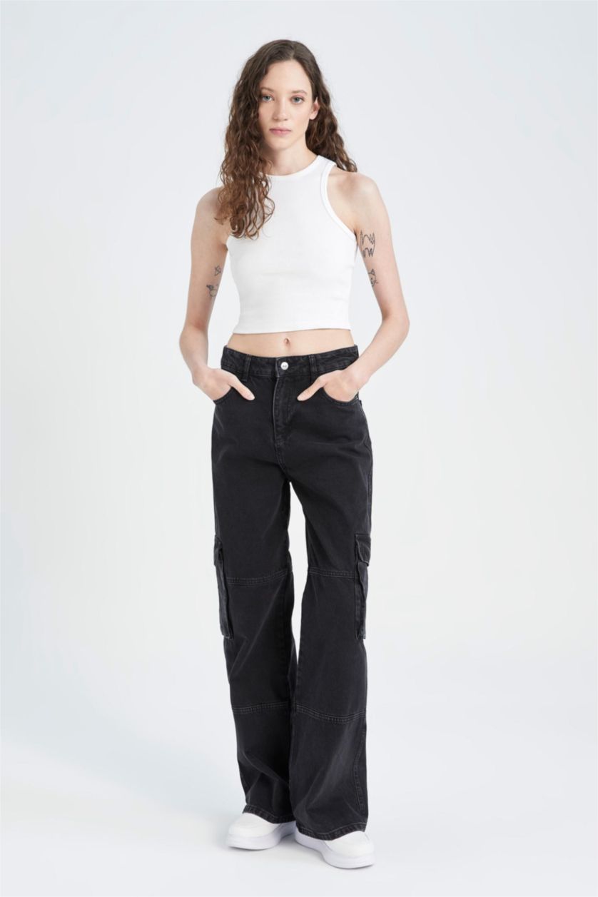 Kadın Siyah Yüksek Bel Straight Fit Kargo Pantolon