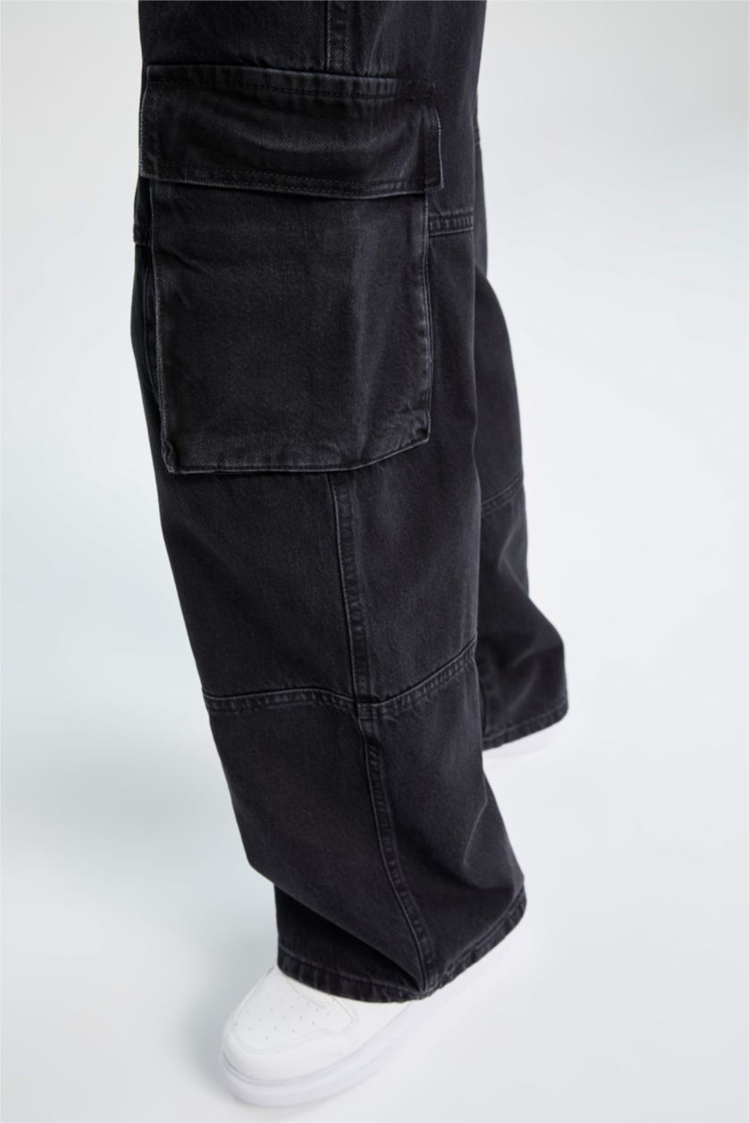 Kadın Siyah Yüksek Bel Straight Fit Kargo Pantolon