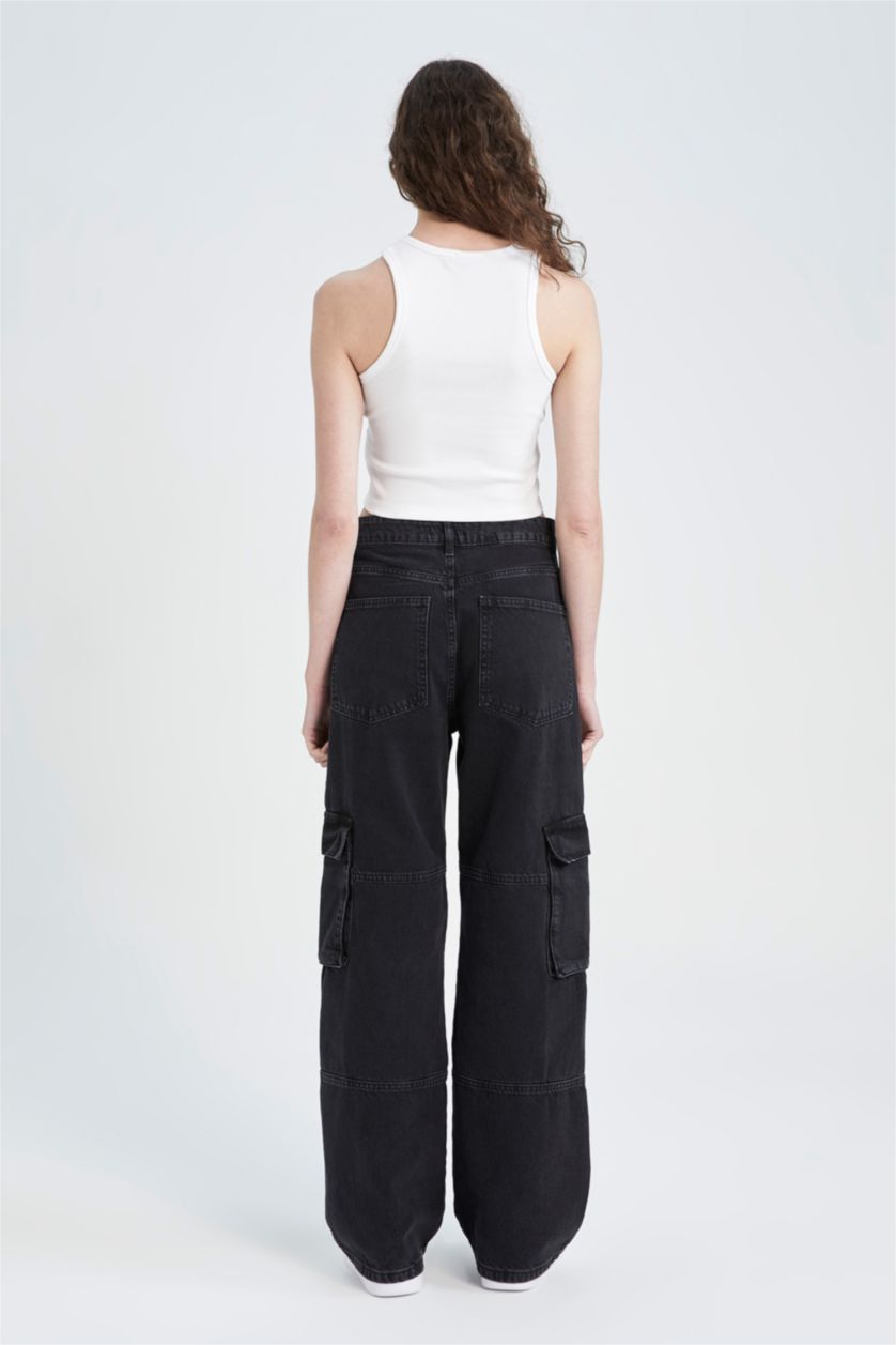 Kadın Siyah Yüksek Bel Straight Fit Kargo Pantolon