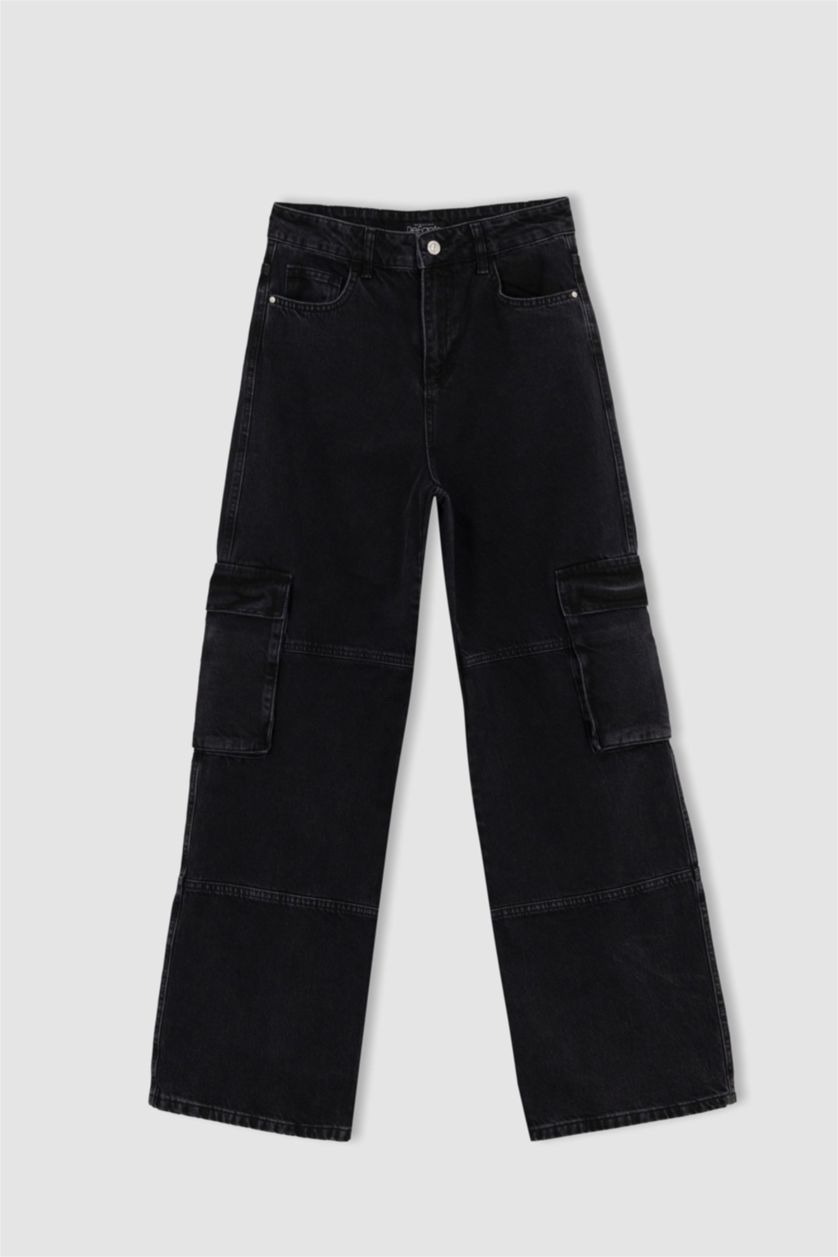 Kadın Siyah Yüksek Bel Straight Fit Kargo Pantolon