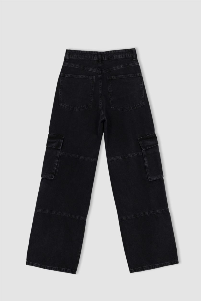 Kadın Siyah Yüksek Bel Straight Fit Kargo Pantolon