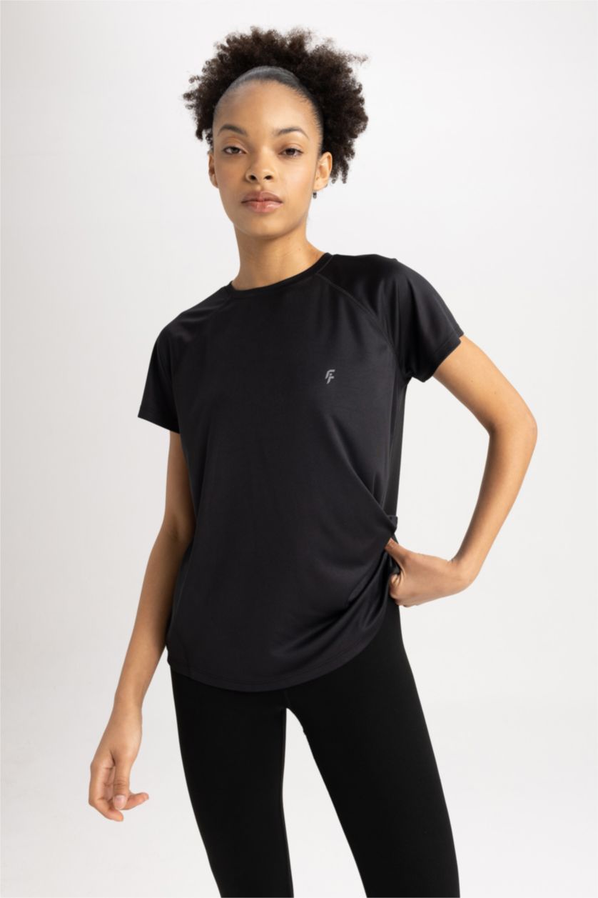 WOMAN Black DeFactoFit Comfort Fit Crew Neck Sports T-Shirt