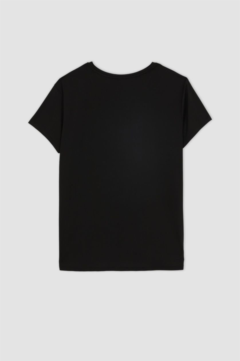 نساء أسود تيشيرت نص كم قصة مريحة برقبة مستديرة