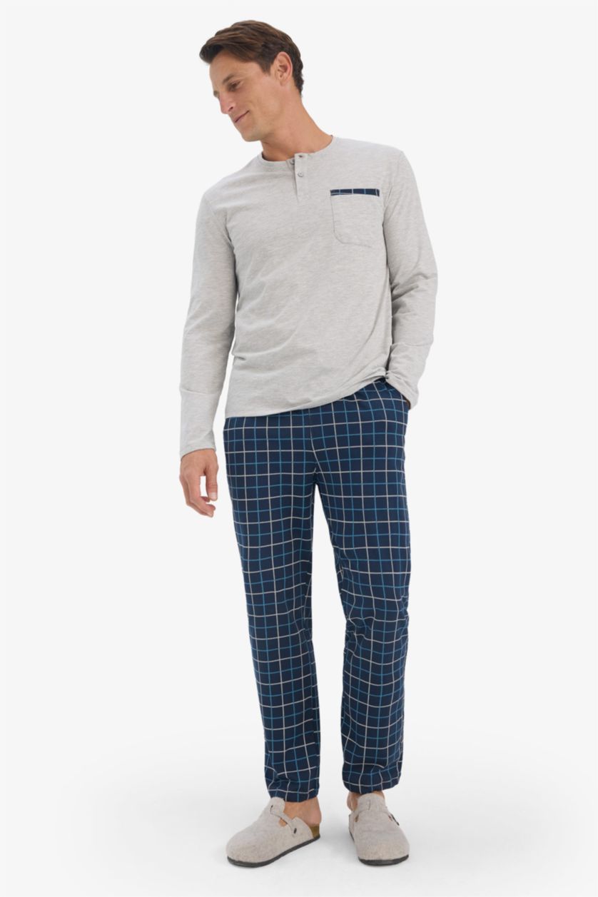 Erkek Gri Melanj Regular Fit Pijama Takımı Uzun Kollu Üst Kareli Uzun Alt