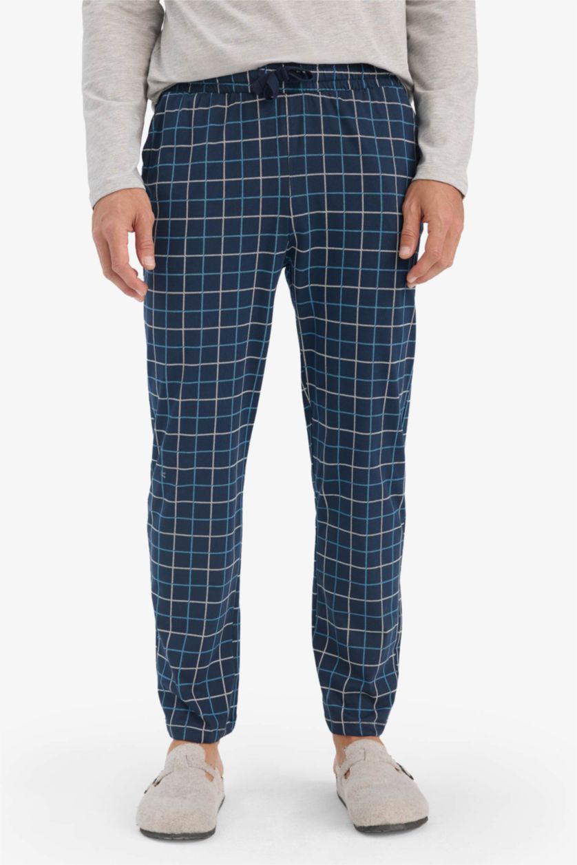 Erkek Gri Melanj Regular Fit Pijama Takımı Uzun Kollu Üst Kareli Uzun Alt