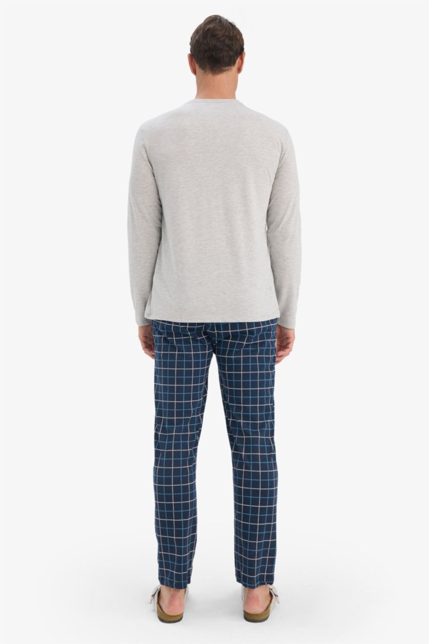 Erkek Gri Melanj Regular Fit Pijama Takımı Uzun Kollu Üst Kareli Uzun Alt