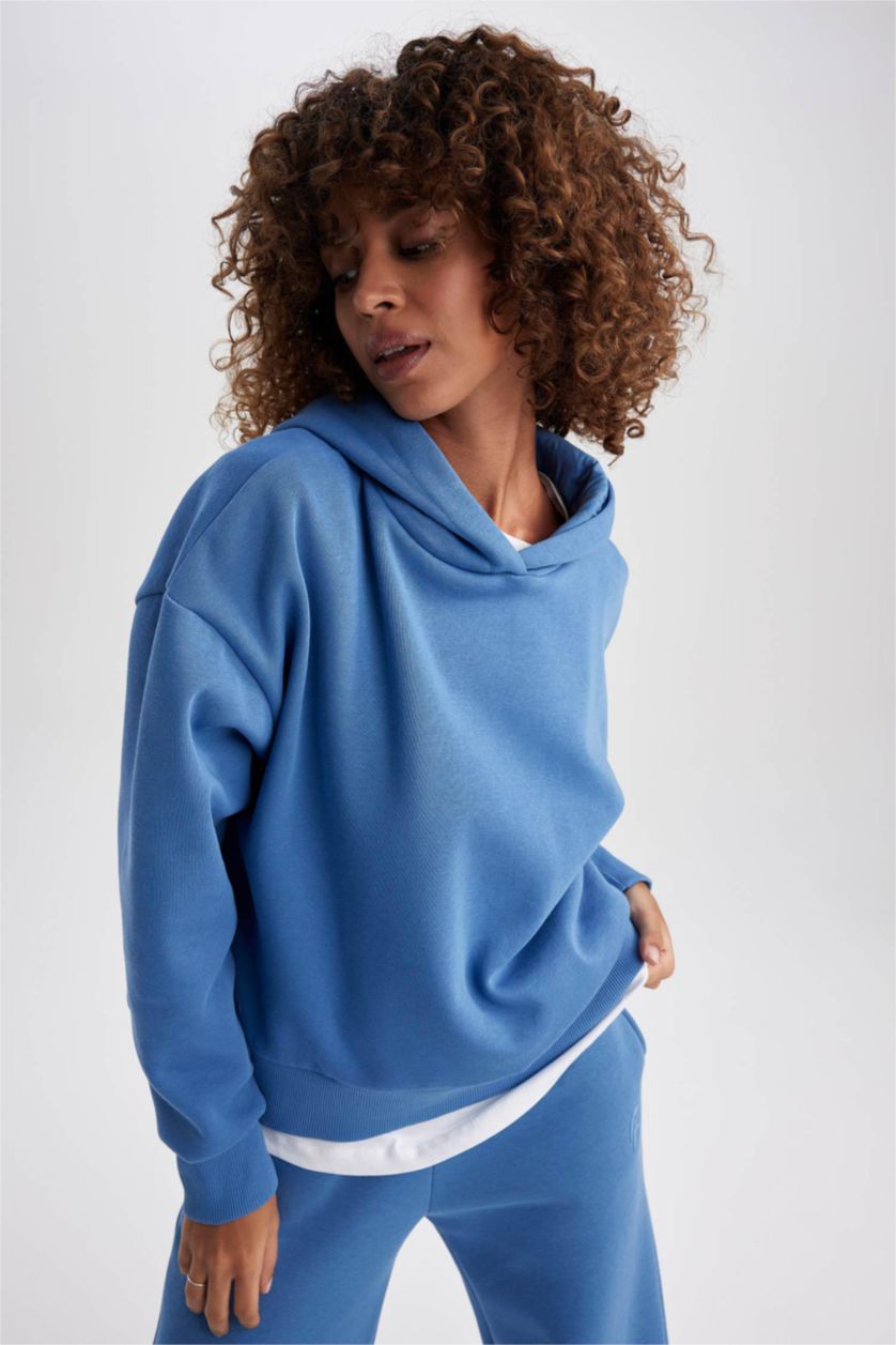 WOMAN Dark Blue Defacto Fit Hoodie Sportswear Sweatshirt