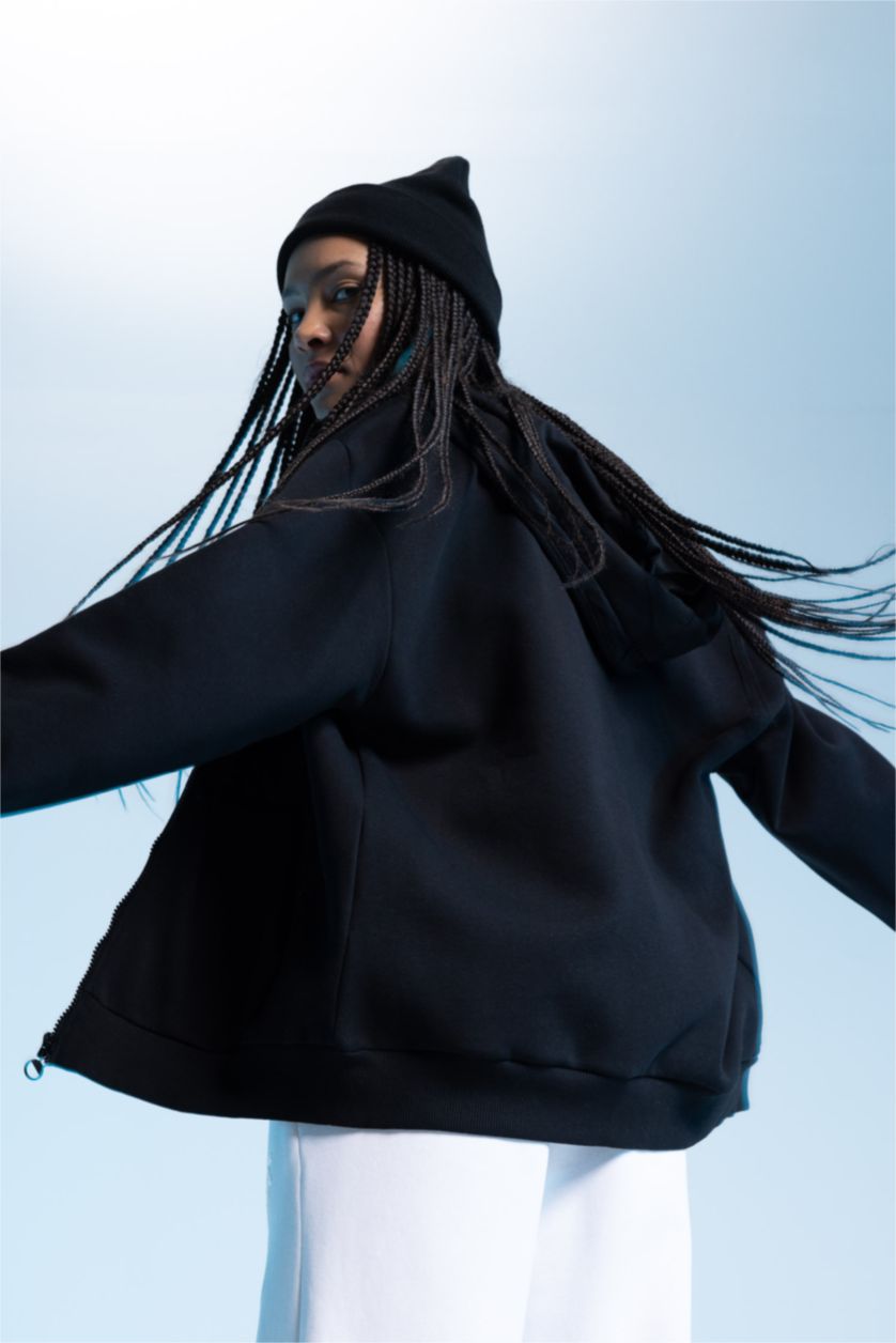 نساء أسود Oversize Fit Thick Sweatshirt Fabric Cardigan