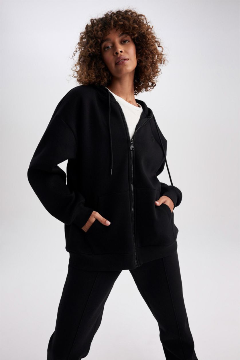 نساء أسود Oversize Fit Thick Sweatshirt Fabric Cardigan