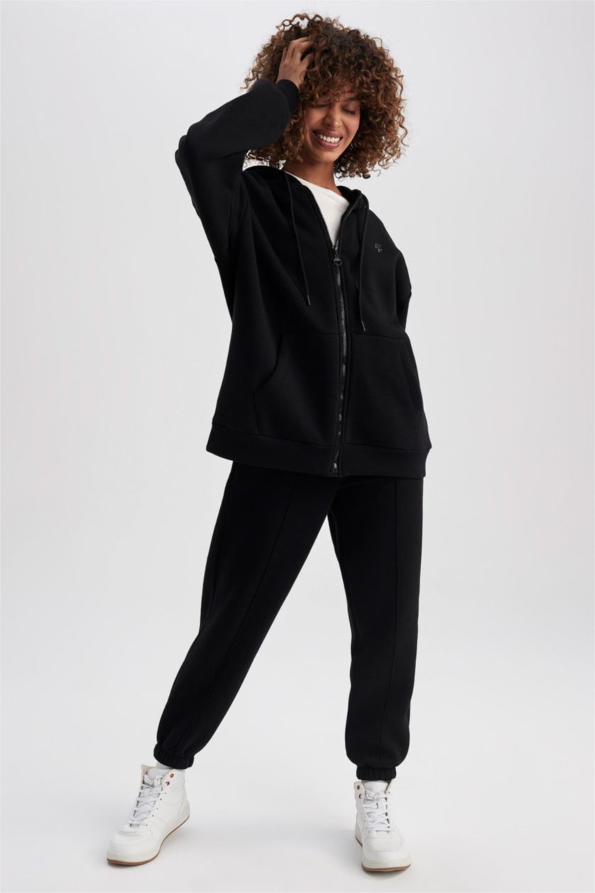 نساء أسود Oversize Fit Thick Sweatshirt Fabric Cardigan