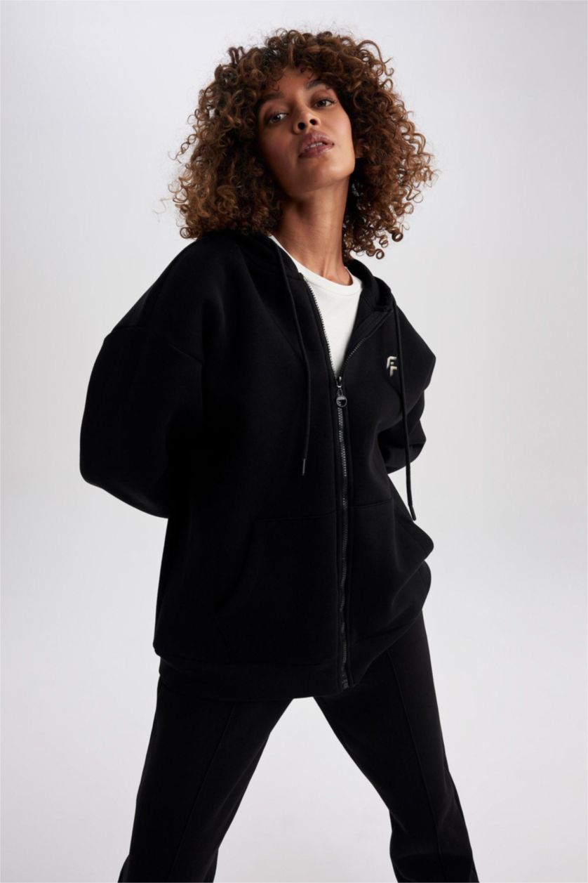 نساء أسود Oversize Fit Thick Sweatshirt Fabric Cardigan