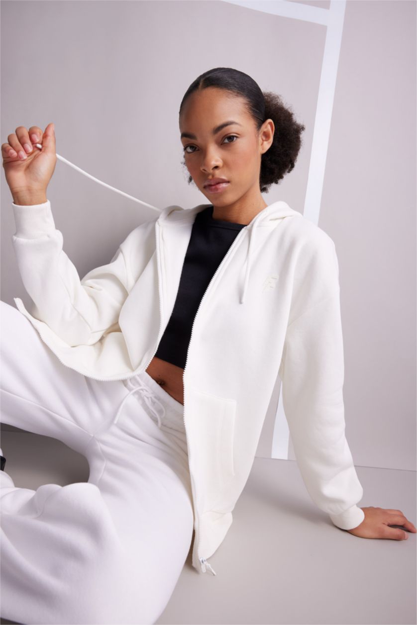 نساء بيج فاتح Oversize Fit Thick Sweatshirt Fabric Cardigan