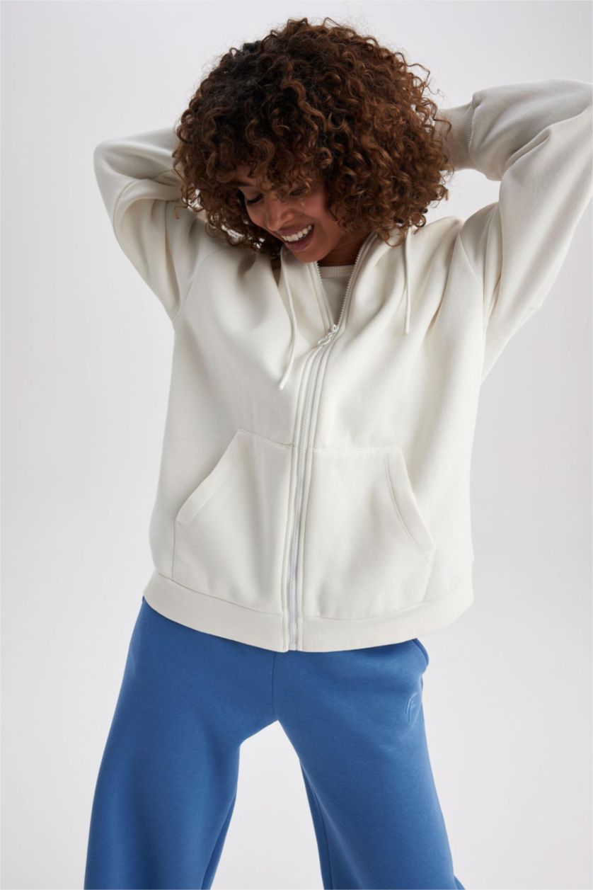 نساء بيج فاتح Oversize Fit Thick Sweatshirt Fabric Cardigan