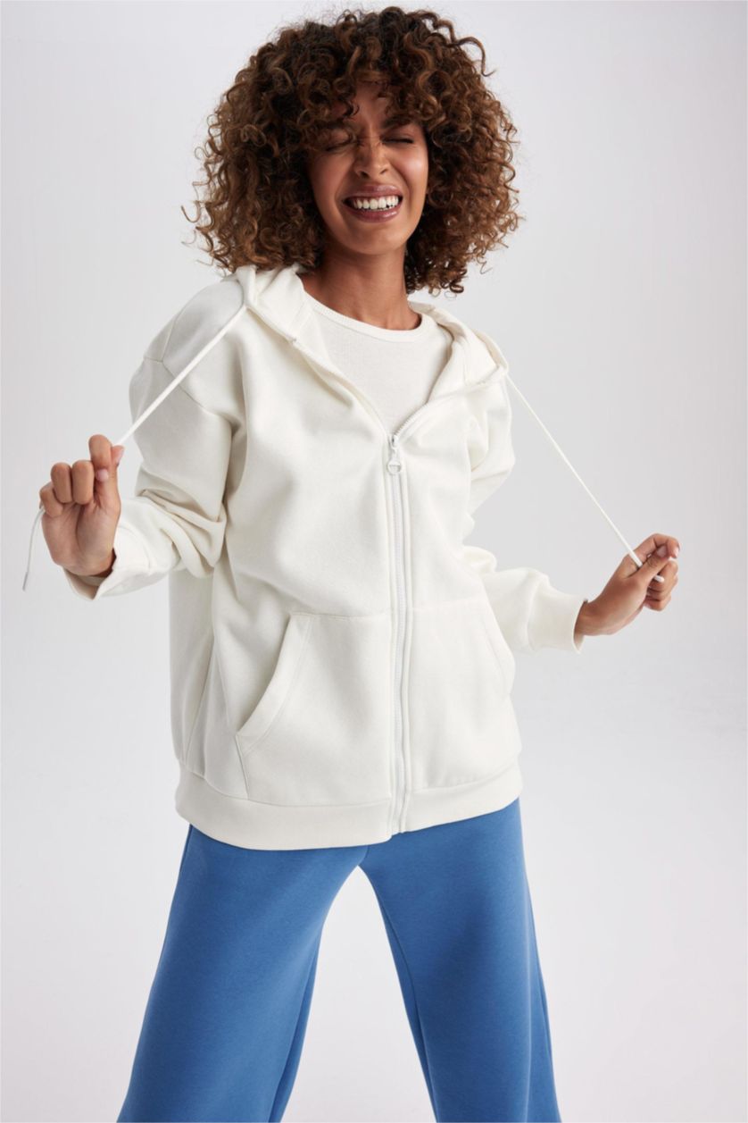 نساء بيج فاتح Oversize Fit Thick Sweatshirt Fabric Cardigan