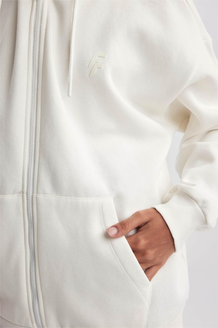 نساء بيج فاتح Oversize Fit Thick Sweatshirt Fabric Cardigan