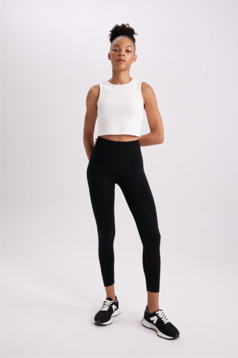 WOMAN Ecru Slim Fit Ribbed Sports Crop Top
