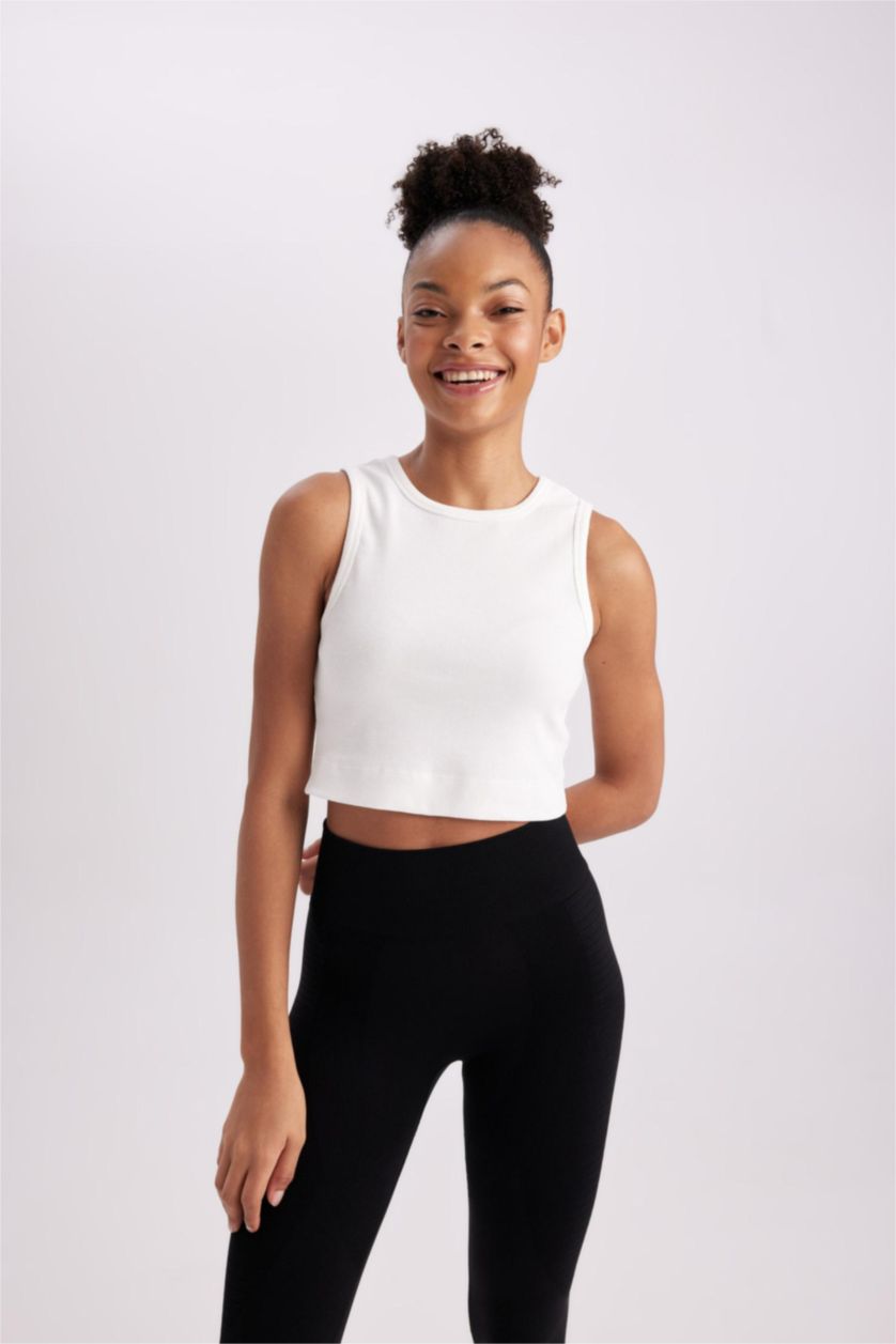 WOMAN Ecru Slim Fit Ribbed Sports Crop Top
